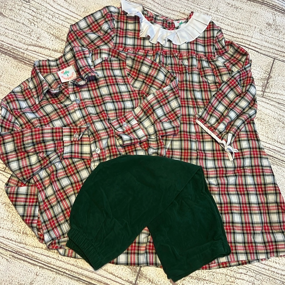 EUC sibling set Shrimp and Grits dress, button up shirt and corduroy pants
